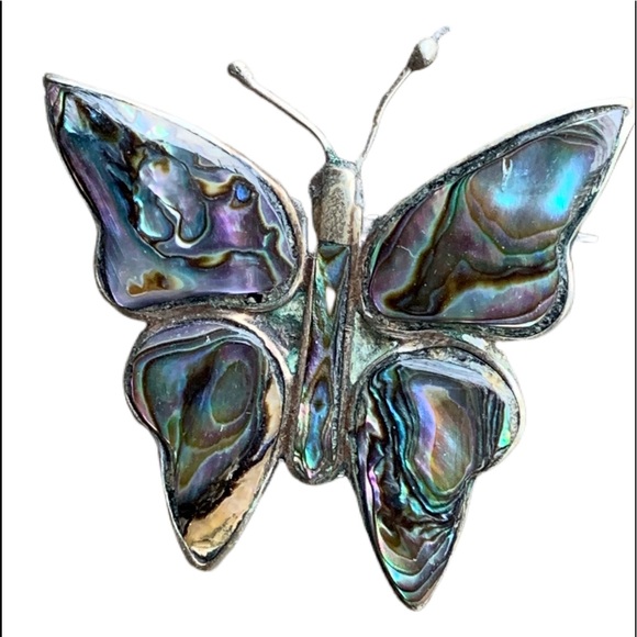VINTAGE MEXICO ALPACA SILVER ABALONE BUTTERFLY PIN